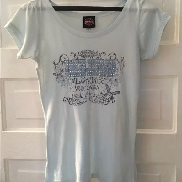 HARLEY DAVIDSON Blue Bling Butterfly Tee Size M - Picture 1 of 5